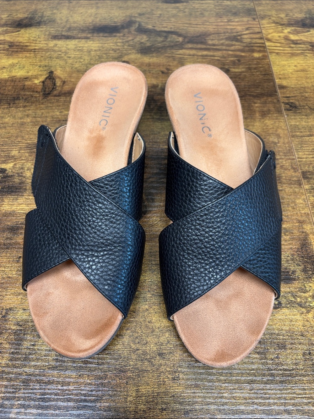 Vionic Black Leather Crisscross Slide Sandals with Tan Footbed